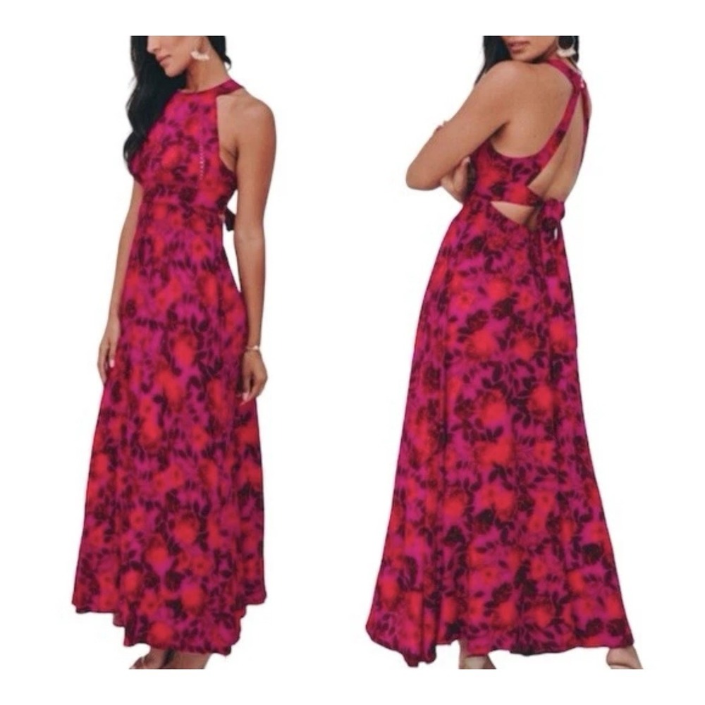 Abel The Label‎ Sz XS Halter Maxi Dress Cut Out Back Pink Red Floral Front Slit